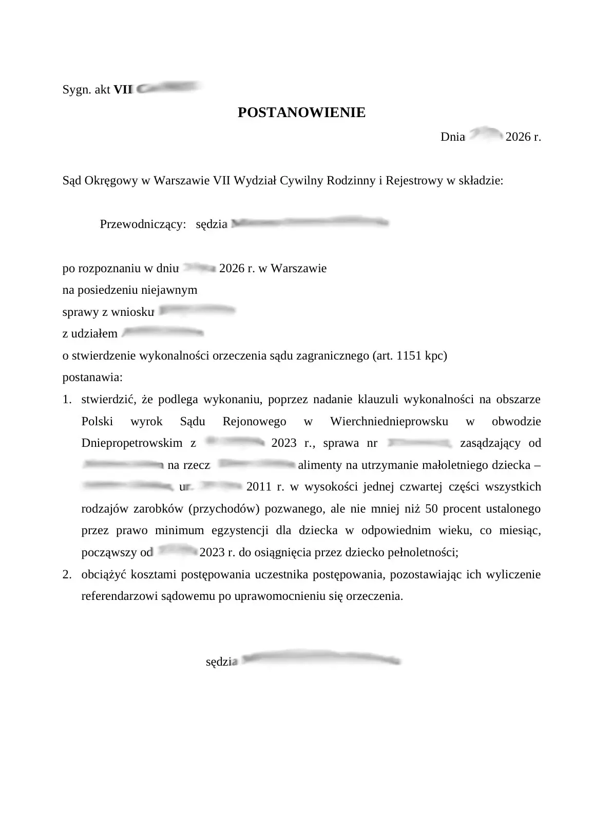 Постанова Окружного суду у Варшаві про надання виконавчої сили українському рішенню