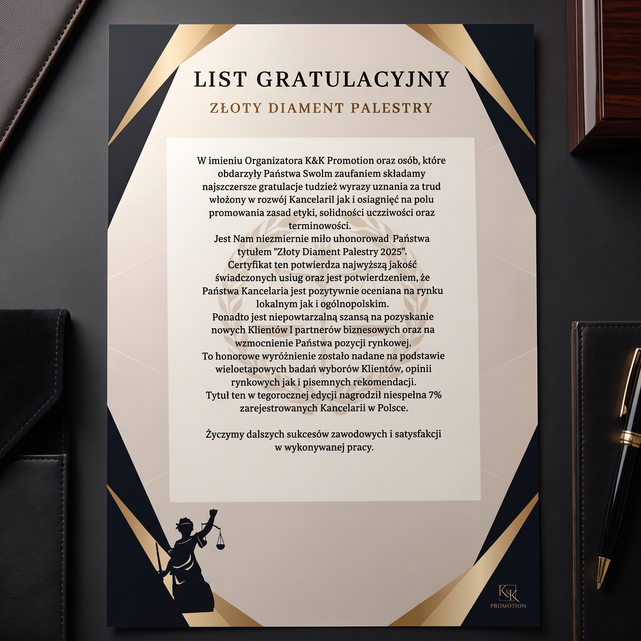 Złoty Diament Palestry 2025 - list gratulacyjny