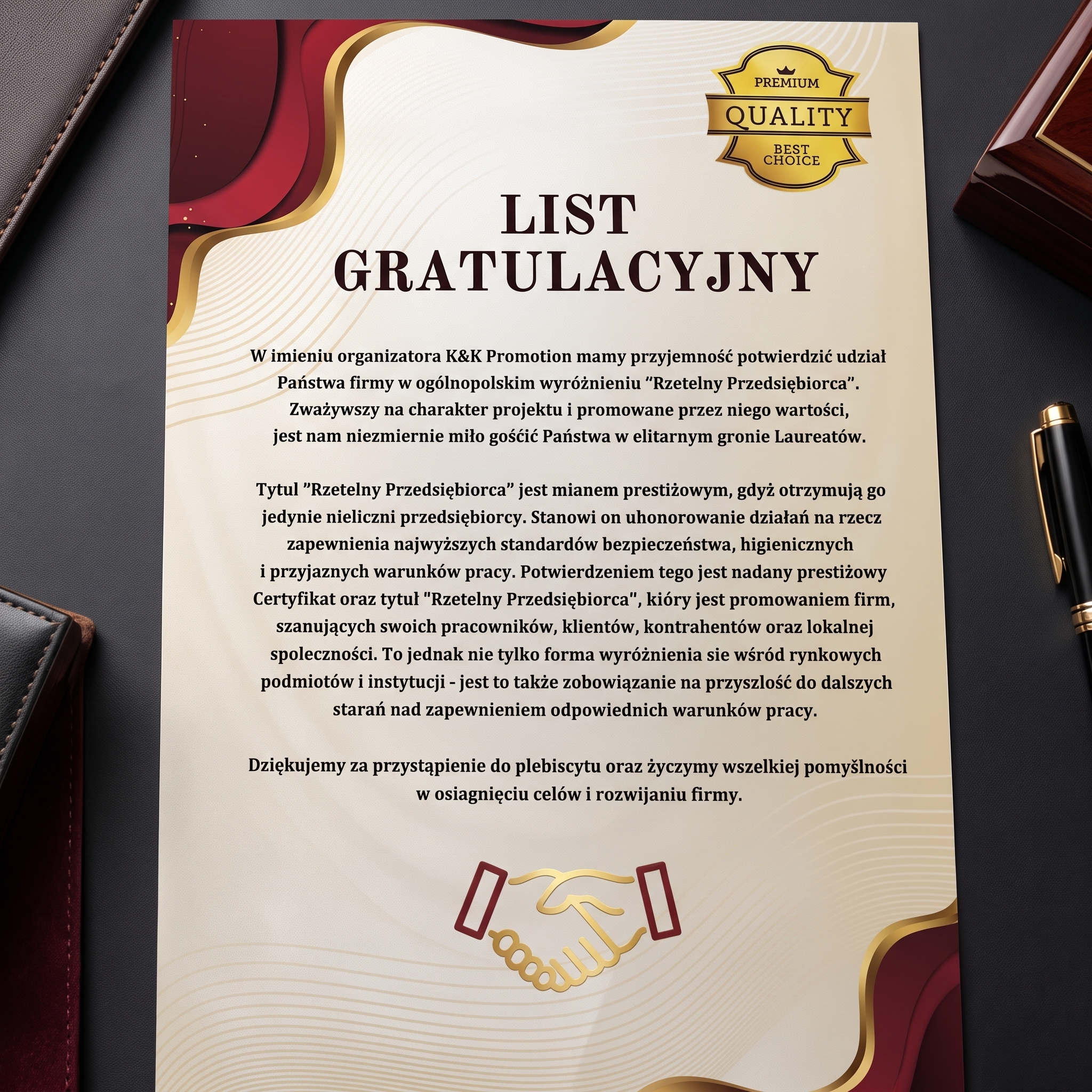Rzetelny Przedsiębiorca 2025 - list gratulacyjny